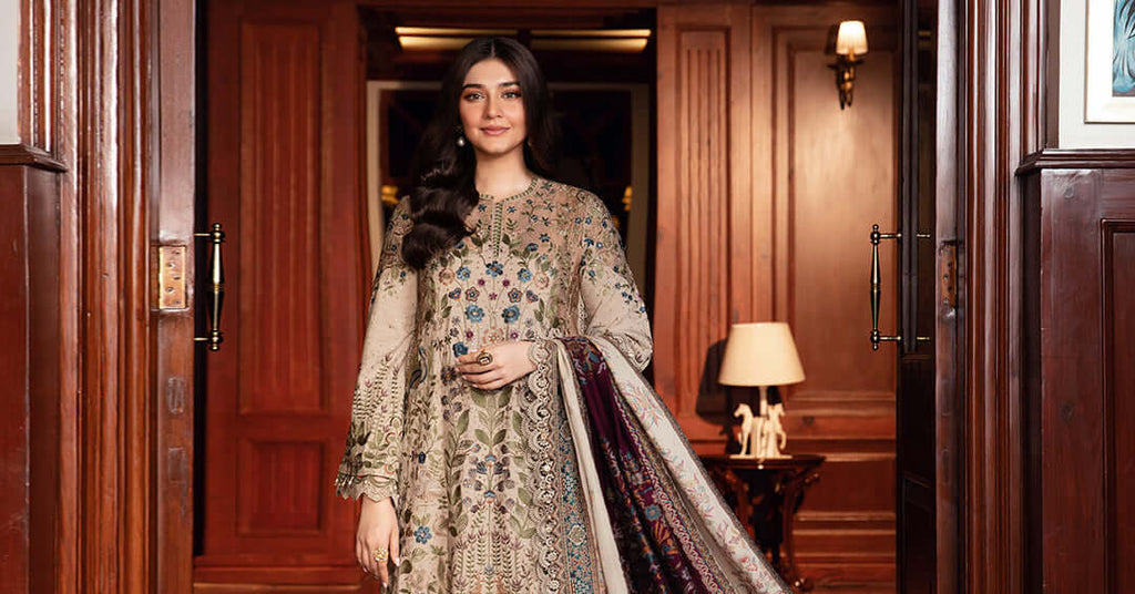 MB 555 - 3 Pcs Unstitched Heavy Embroidered Dhanak Suit with Premium Quality Wool Shawl