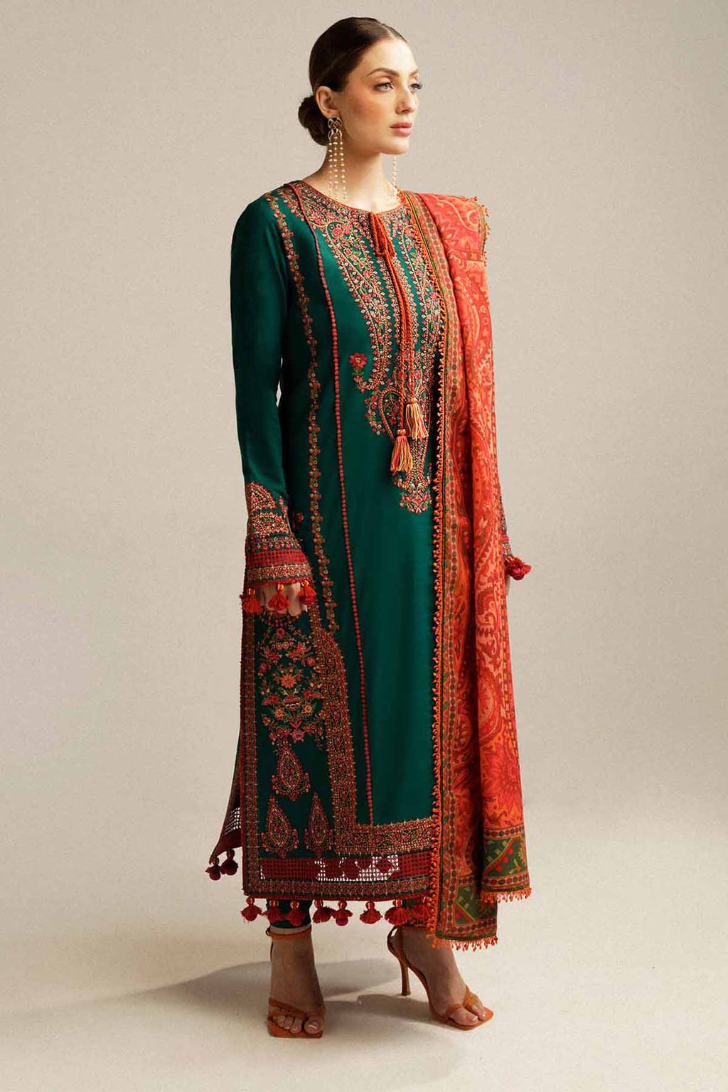 MB 525 - 3 Pcs Unstitched Heavy Embroidered Dhanak Suit with Premium Quality Wool Shawl