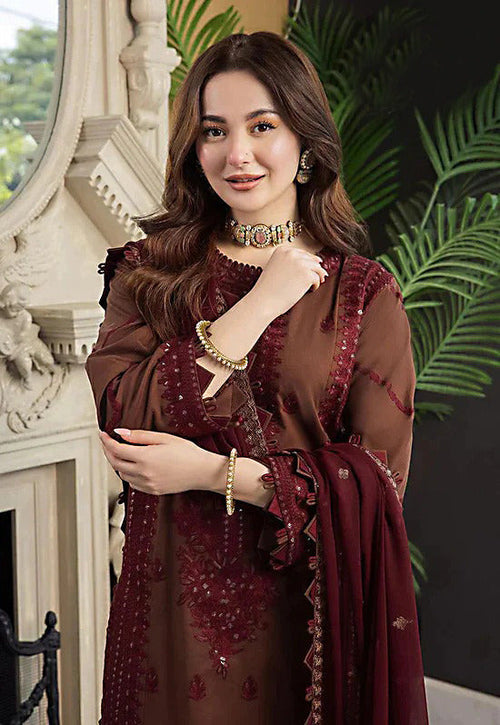 AJ 2556-Lawn Fabric 3 Piece Embroidered Shirt with Embroidered Chiffon Dupatta