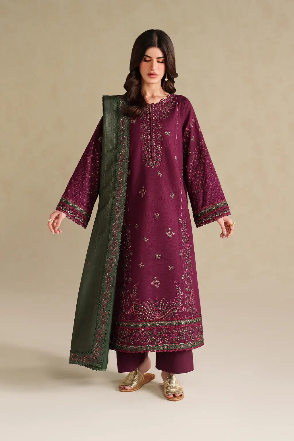 IZ-2705-3 Piece Unstitched Heavy Embroidered Lawn Suit ( Four-sided Embroidered Lawn Dupatta )