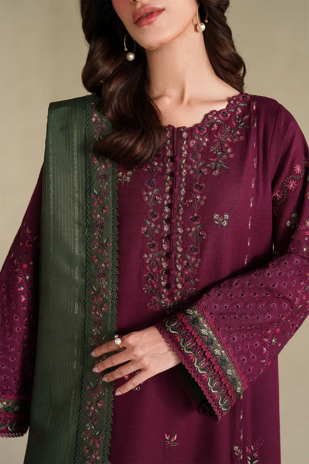 IZ-2705-3 Piece Unstitched Heavy Embroidered Lawn Suit ( Four-sided Embroidered Lawn Dupatta )