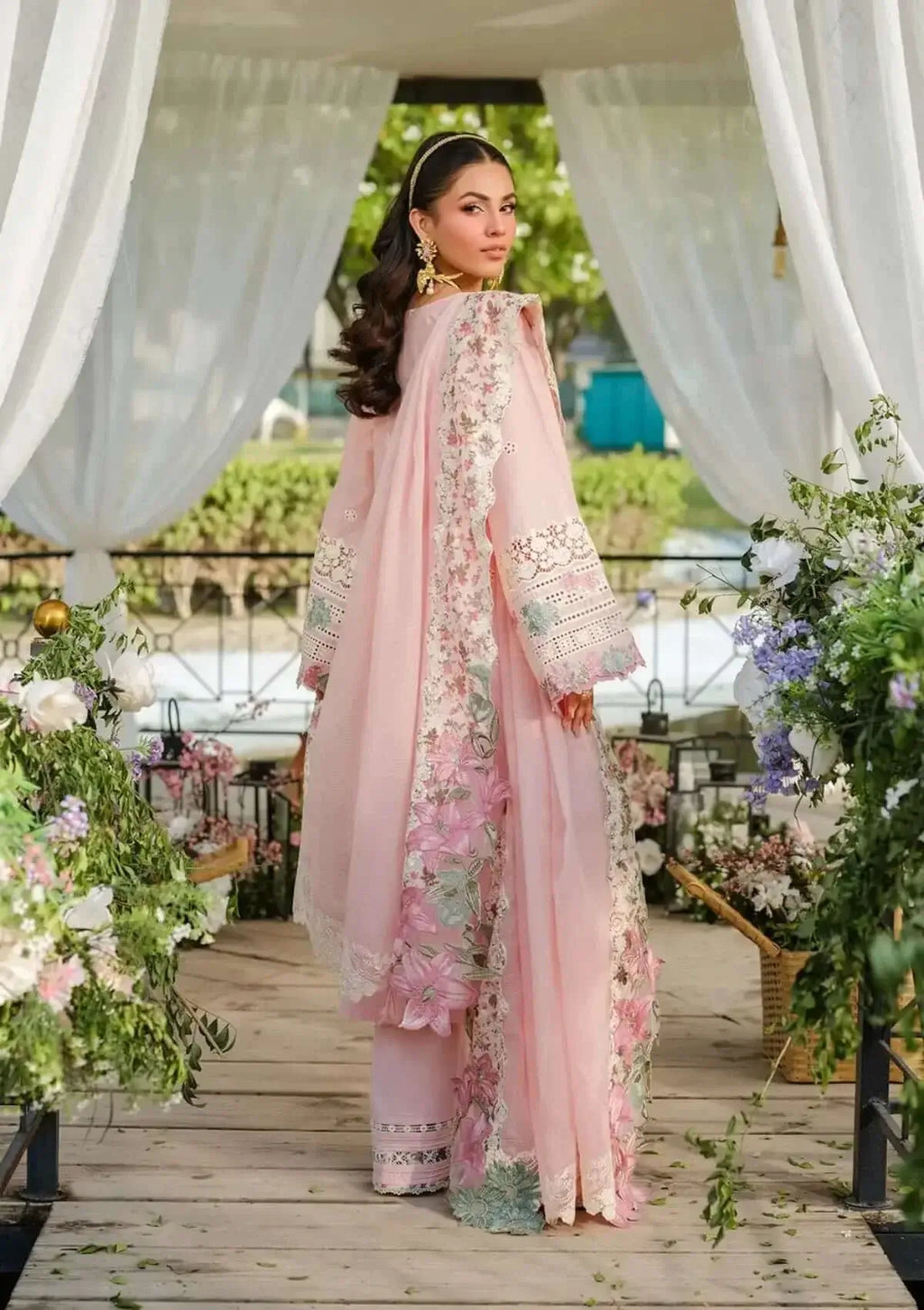 EL 2790-3 Piece Unstitched Heavy Embroidered Chickan Kari Lawn Suit ( Four-sided Embroidered Cotton Net Dupatta )