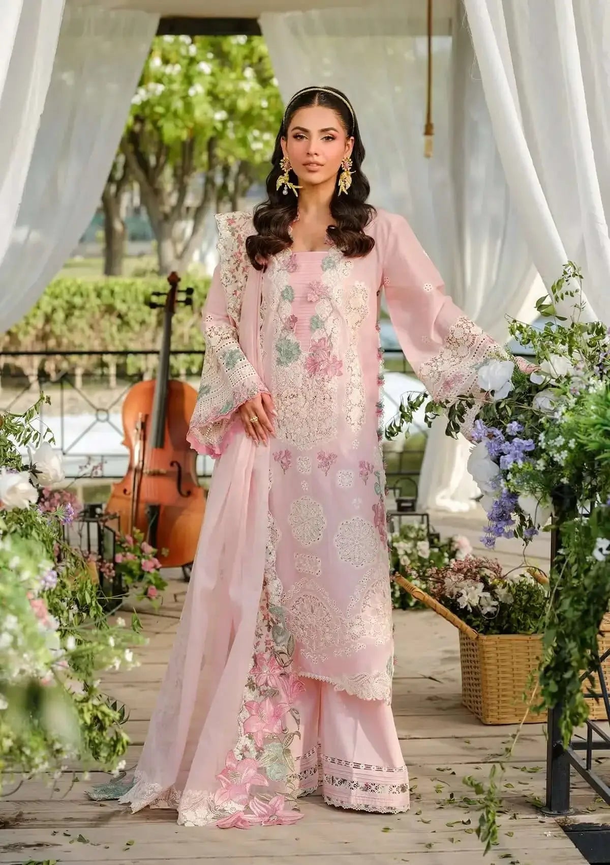 EL 2790-3 Piece Unstitched Heavy Embroidered Chickan Kari Lawn Suit ( Four-sided Embroidered Cotton Net Dupatta )