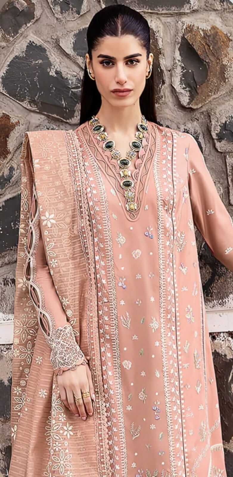 QL-2785-3 Piece Unstitched Heavy Embroidered Lawn Suit ( Heavy Embroidered Cotton Net Dupatta )