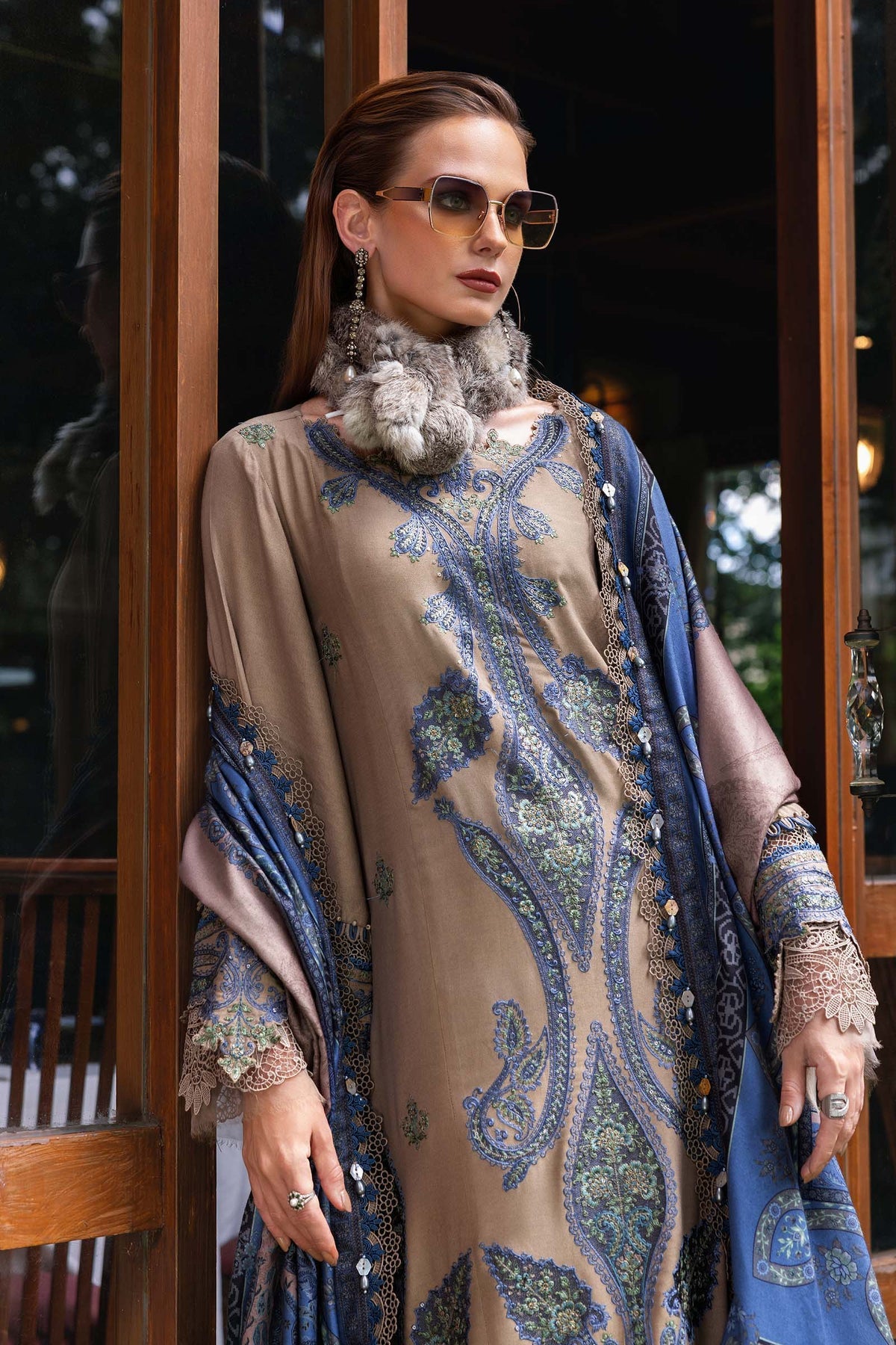MB 3050-3 Piece Unstitched Heavy Embroidered Dhanak Suit ( Digital Printed Shawl)