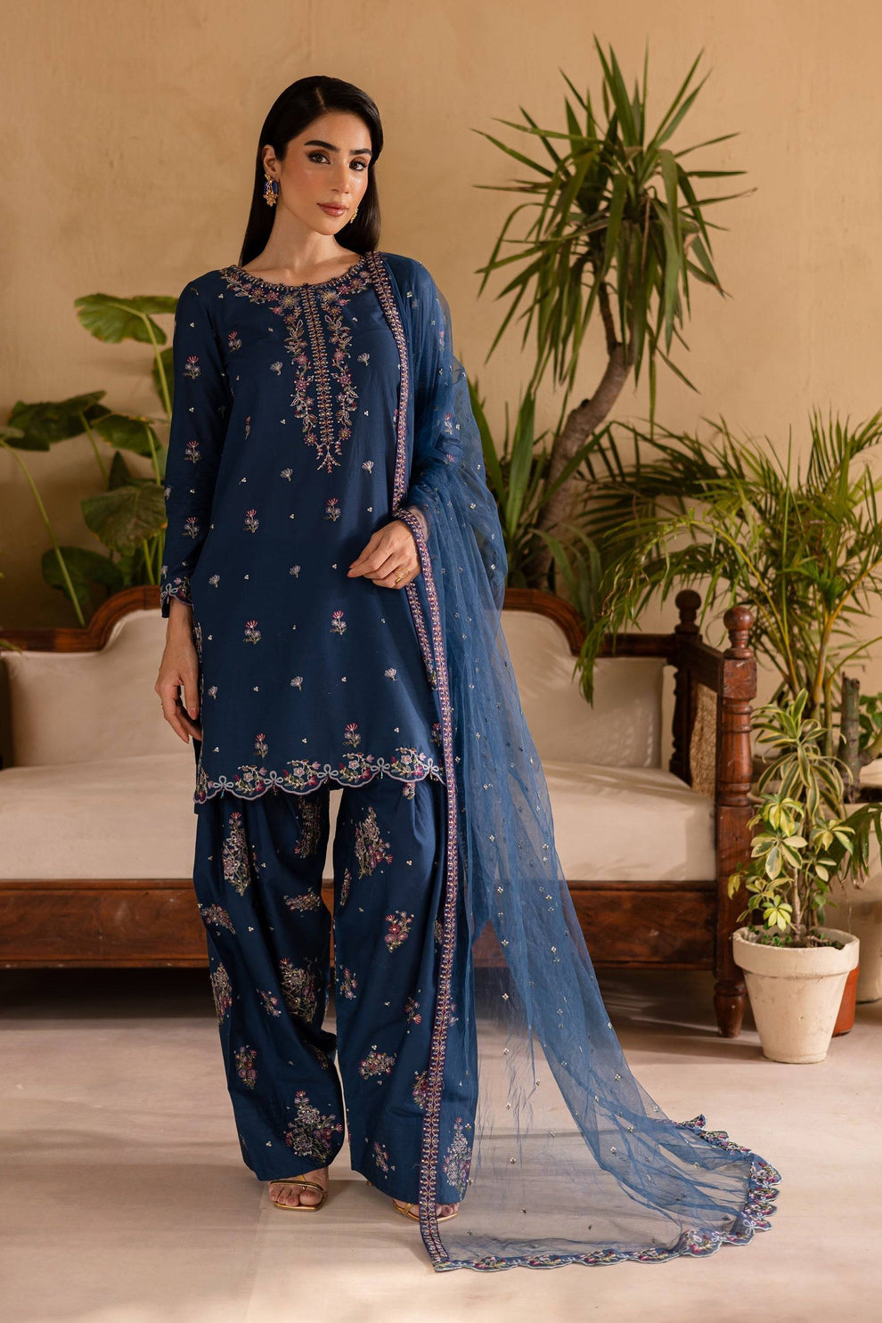 BT 2940-3 Piece Unstitched Heavy Embroidered Dhanak Suit ( Embroidered Chiffon Dupatta)