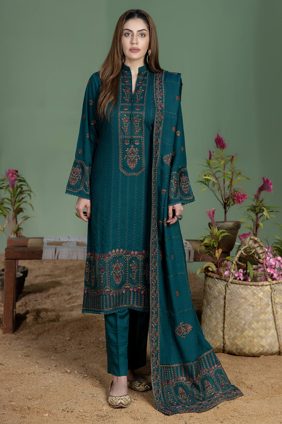 AJ-940-3 Piece - Unstitched Fully Embroidered Dhanak Fabric