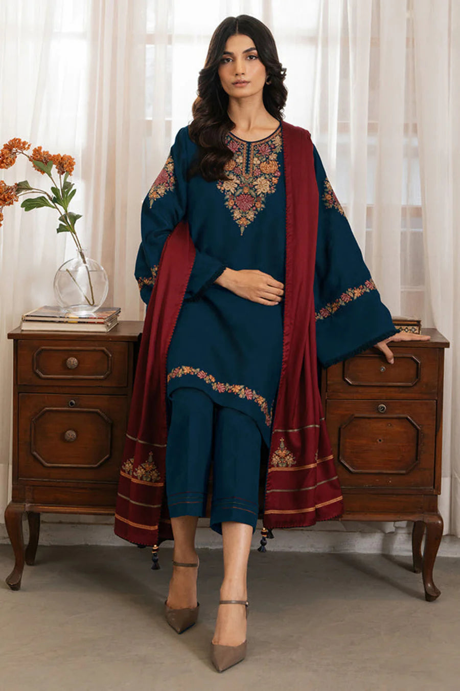 JZ 3030-3 Piece Unstitched Heavy Embroidered Dhanak Suit ( Embroidered Dhanak Wool Shawl )