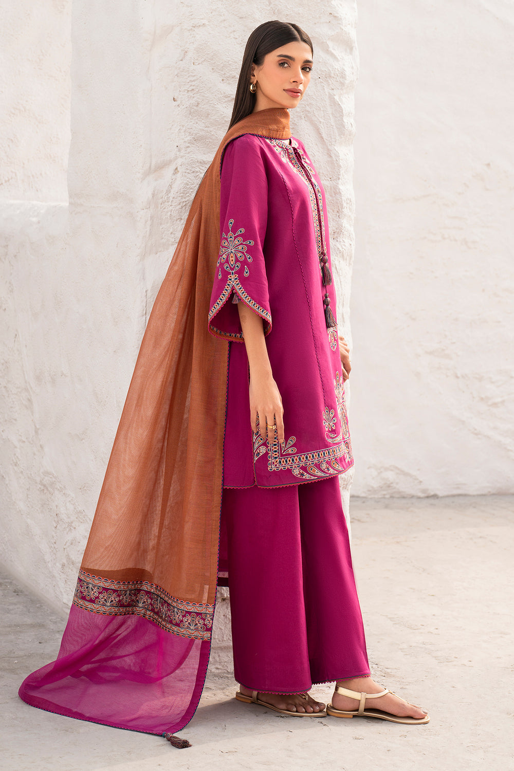 3 Piece - Unstitched Embroidered Lawn Fabric With Embroidered Chiffon Dupatta