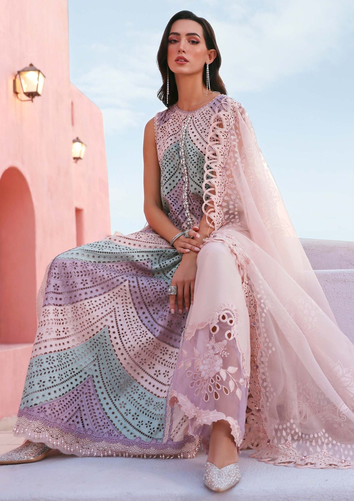 MB 2805A-3 Piece - Lawn - Unstitched Chicken Kari Embroidered Suit (Printed Organza Dupatta-4 Sides Lace)