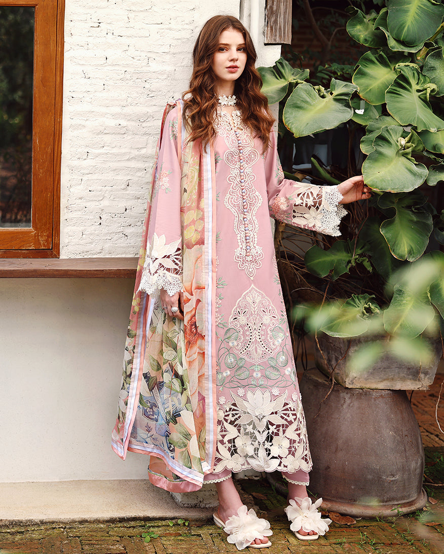 MS 2855-3 Piece - Unstitched Embroidered Lawn Fabric ( Silk Printed Dupatta)