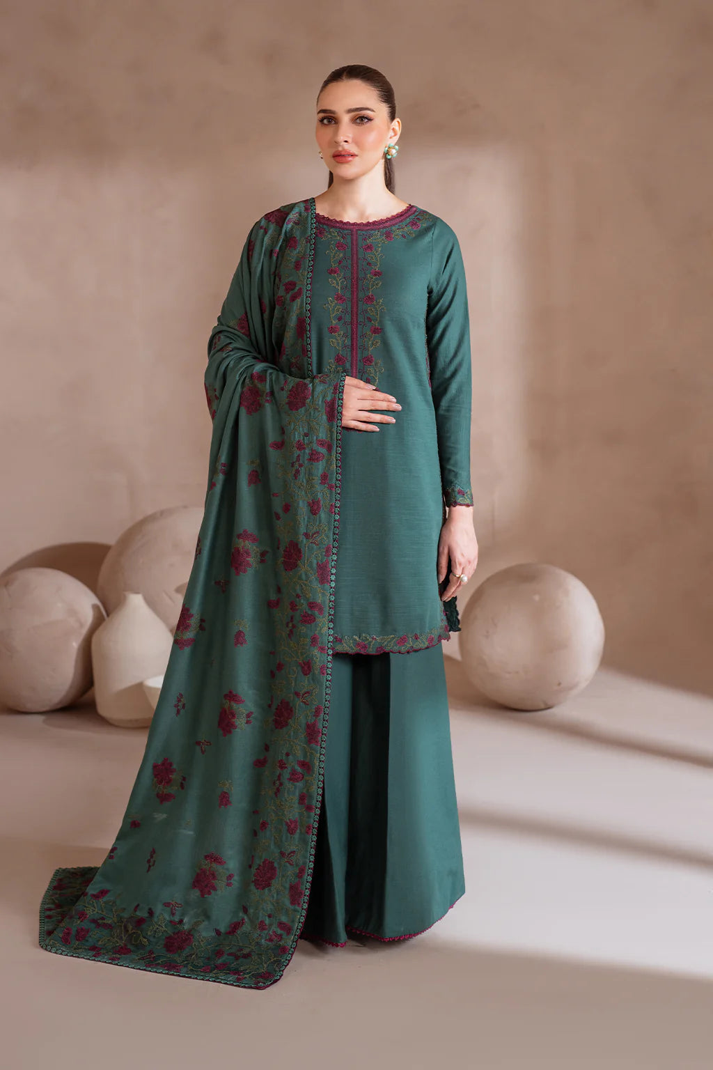 IZ 2925-3 Piece Unstitched Heavy Embroidered Dhanak Suit ( Dhanak Embroidered Shawl )