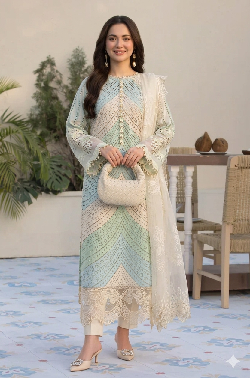 MB 2805B-3 Piece - Lawn - Unstitched Chicken Kari Embroidered Suit (Printed Organza Dupatta-4 Sides Lace)