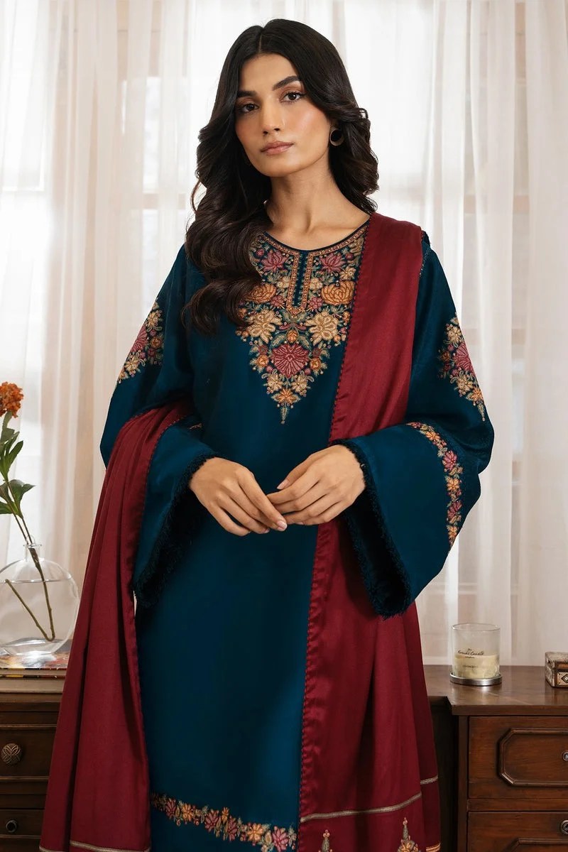 JZ 3030-3 Piece Unstitched Heavy Embroidered Dhanak Suit ( Embroidered Dhanak Wool Shawl )