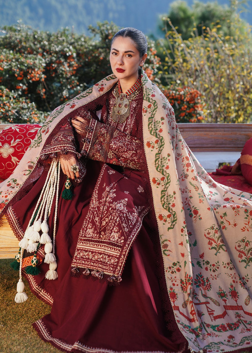 HR 890-3 Piece Unstitched Heavy Embroidered Dhanak Suit (Printed Woolen Shawl )