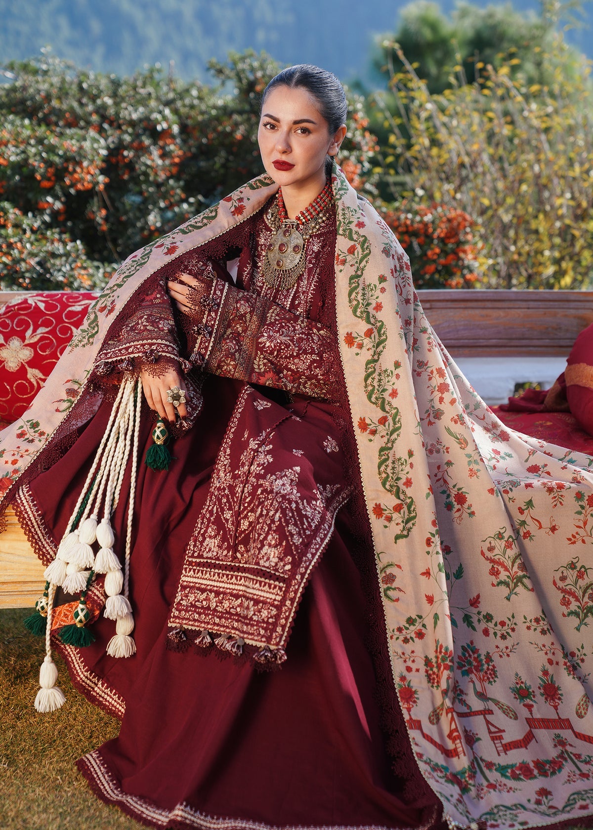 HR 890-3 Piece Unstitched Heavy Embroidered Dhanak Suit (Printed Woolen Shawl )