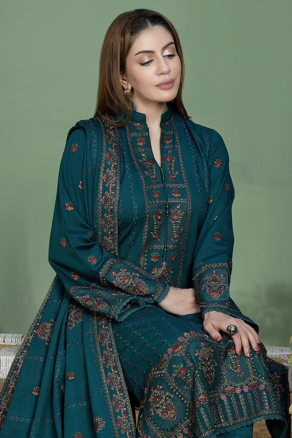 AJ-940-3 Piece - Unstitched Fully Embroidered Dhanak Fabric