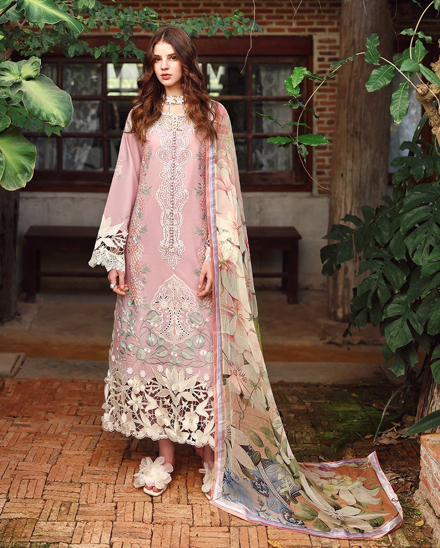 MS 2855-3 Piece - Unstitched Embroidered Lawn Fabric ( Silk Printed Dupatta)