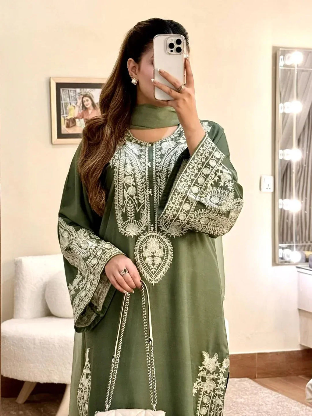 MR-2740  3Pc-Unstitched Embroidered Lawn Fabric With Embroidered Chiffon Dupatta