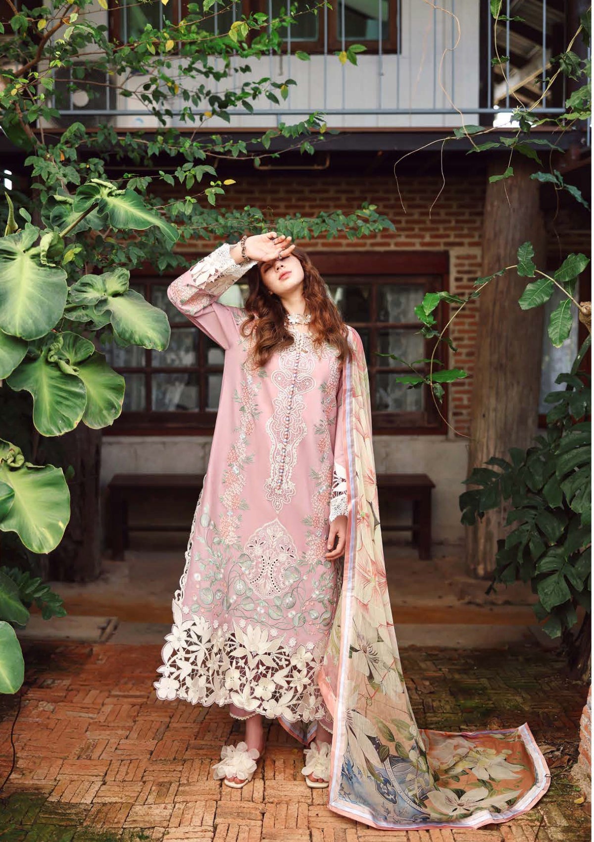 MS 2855-3 Piece - Unstitched Embroidered Lawn Fabric ( Silk Printed Dupatta)