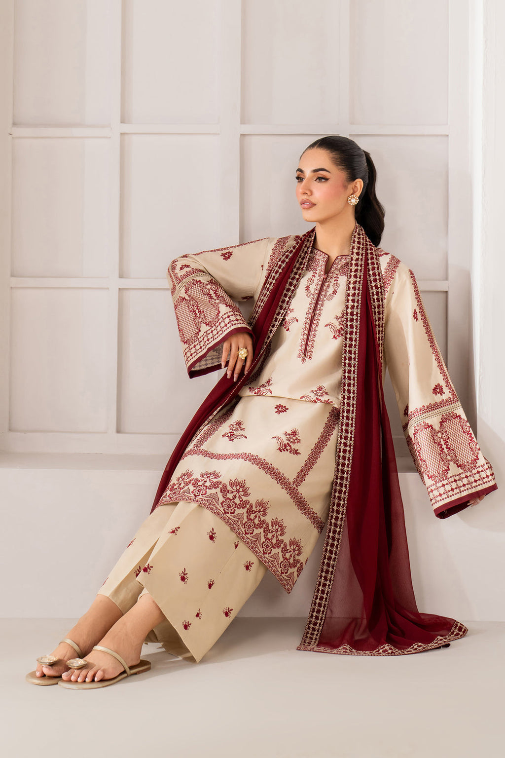 BQ 2950-3 Piece Unstitched Heavy Embroidered Dhanak Suit ( Dhanak Embroidered Shawl )