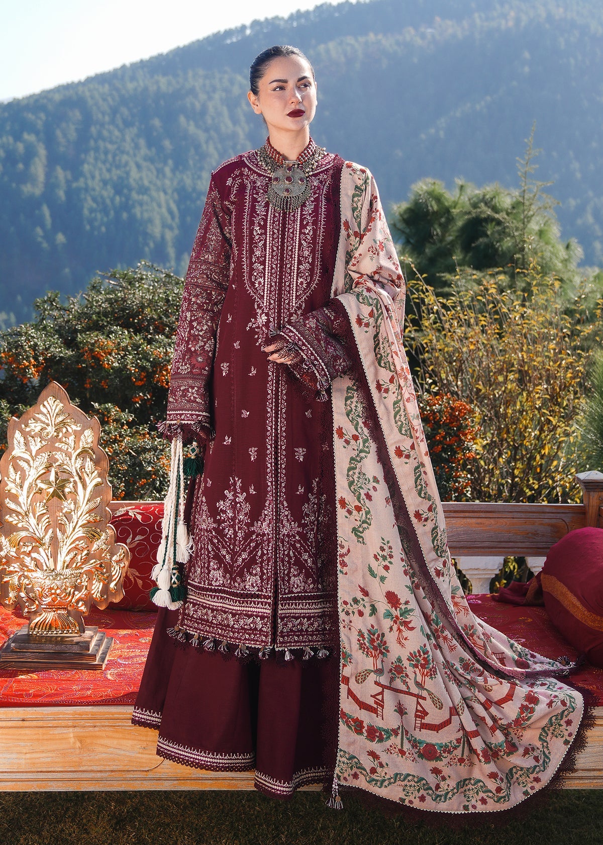 HR 890-3 Piece Unstitched Heavy Embroidered Dhanak Suit (Printed Woolen Shawl )