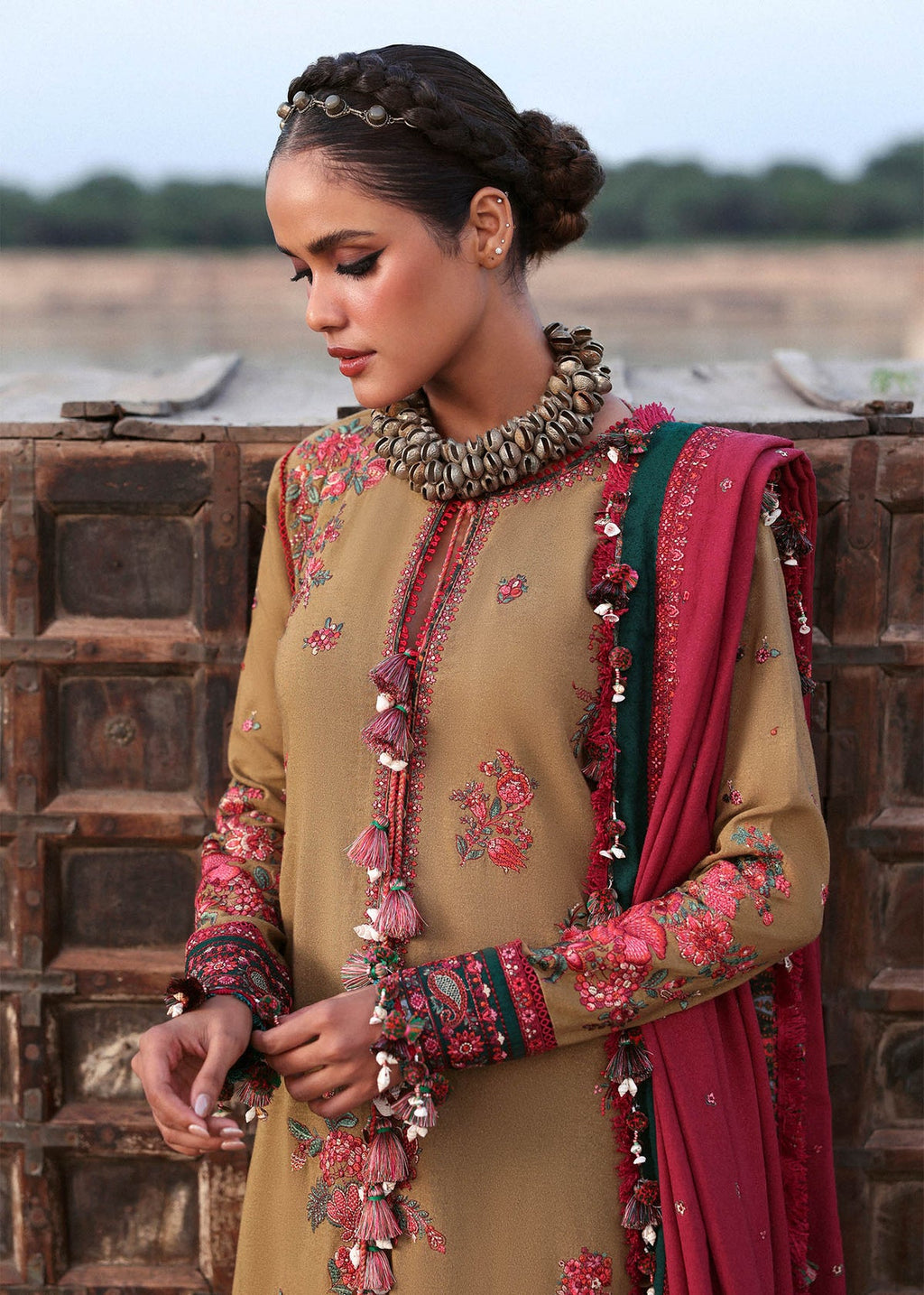 HR 2945-3 Piece Unstitched Heavy Embroidered Dhanak Suit ( Dhanak Embroidered Shawl )