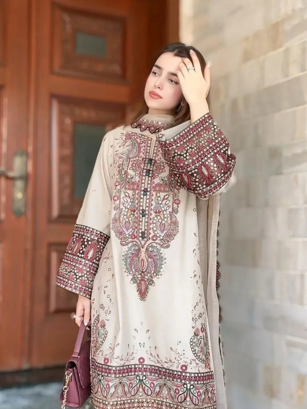 LM 2965-3 Piece Unstitched Heavy Embroidered Dhanak Suit ( Dhanak Embroidered Shawl )