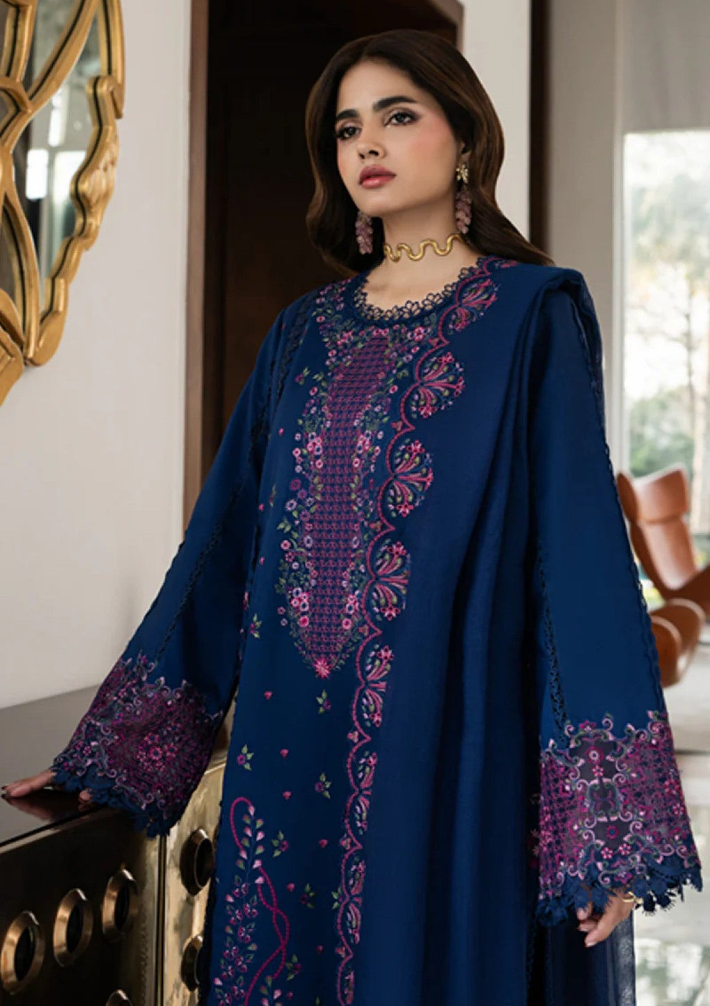 RR 2930-3 Piece Unstitched Heavy Embroidered Dhanak Suit ( Dhanak Embroidered Shawl )
