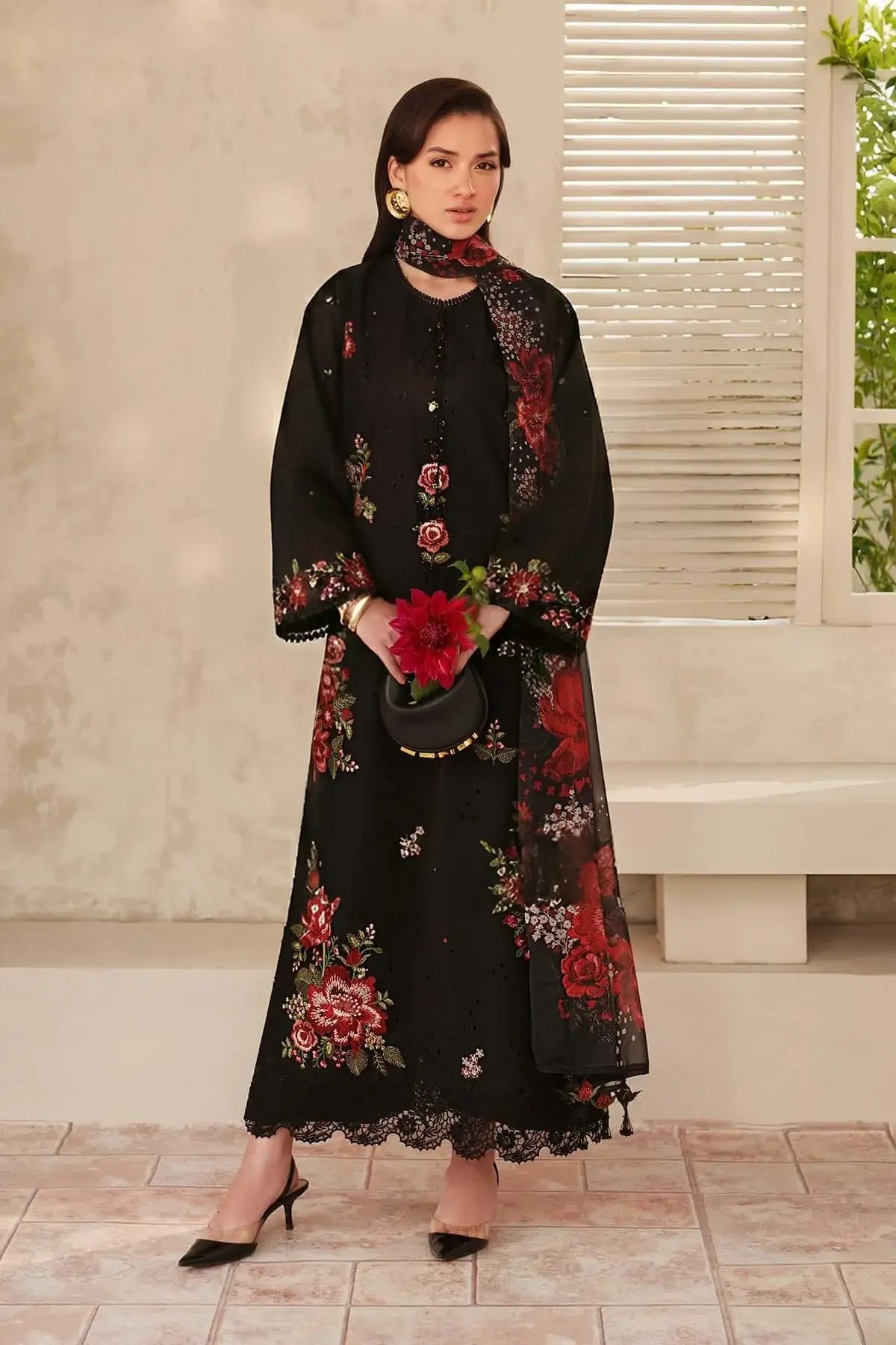 BQ 209-3 Piece Unstitched Embroidered Lawn Suit ( Printed Lawn Dupatta )