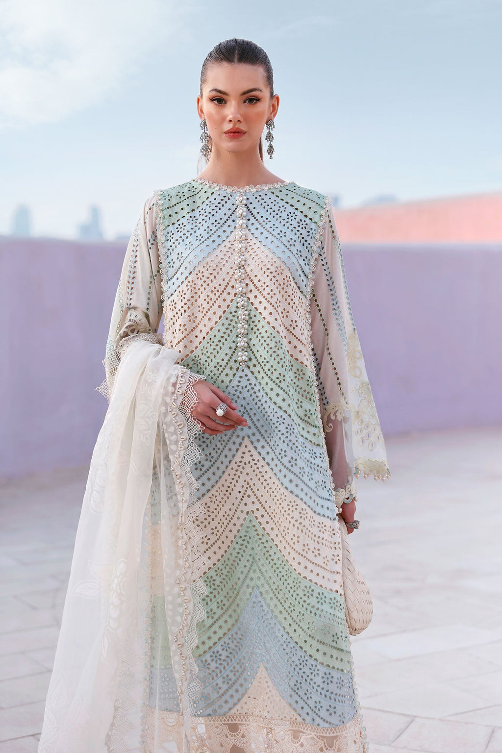MB 2805B-3 Piece - Lawn - Unstitched Chicken Kari Embroidered Suit (Printed Organza Dupatta-4 Sides Lace)