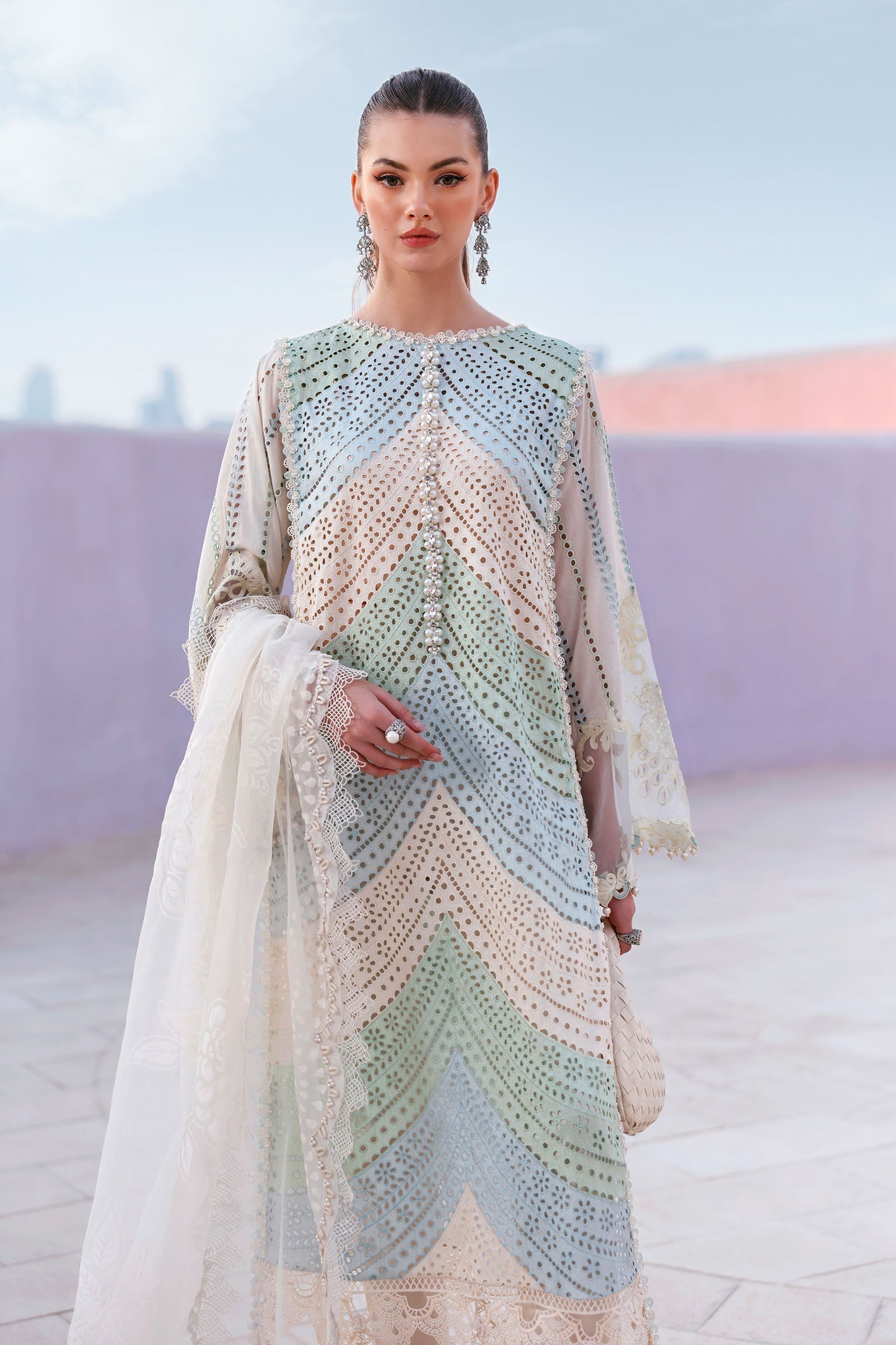 MB 2805B-3 Piece - Lawn - Unstitched Chicken Kari Embroidered Suit (Printed Organza Dupatta-4 Sides Lace)