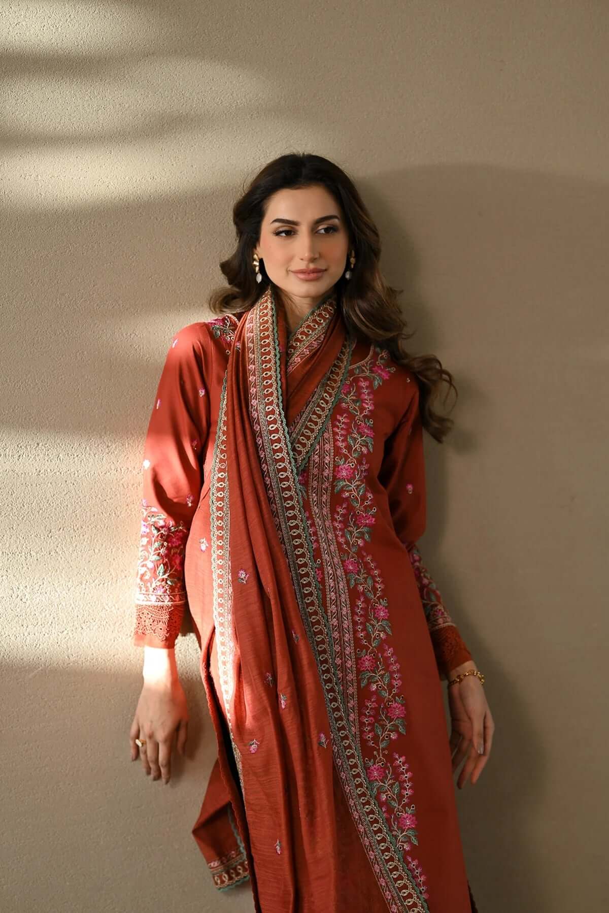 CO 3000-3 Piece Unstitched Heavy Embroidered Dhanak Suit ( Four-sided Embroidered Dhanak Shawl )