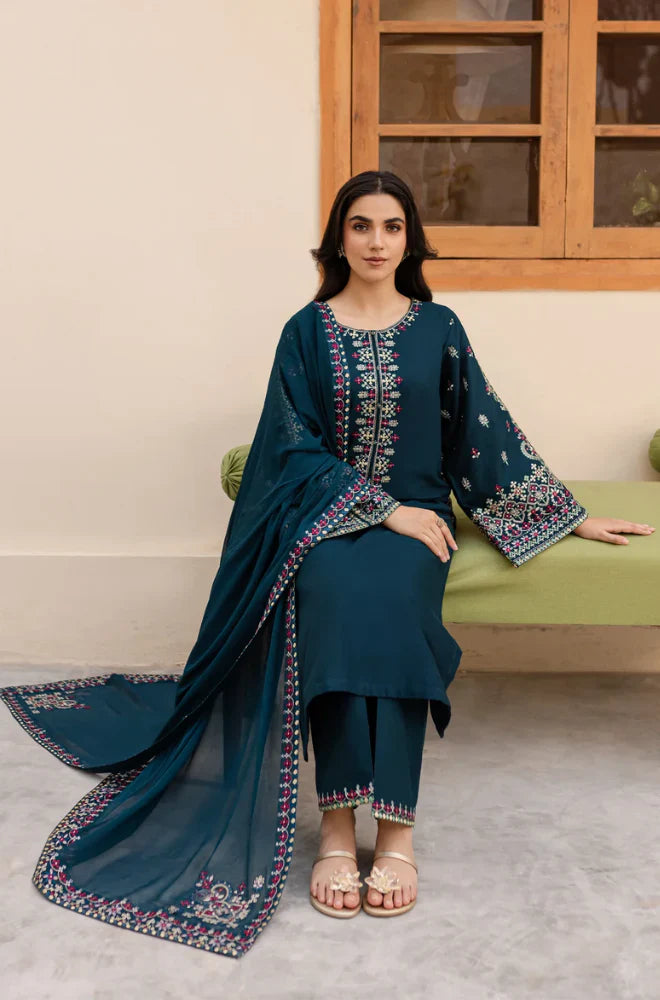 LM-585 Lawn Fabric 3 Piece - Unstitched Fully Embroidered With Chiffon Dupatta