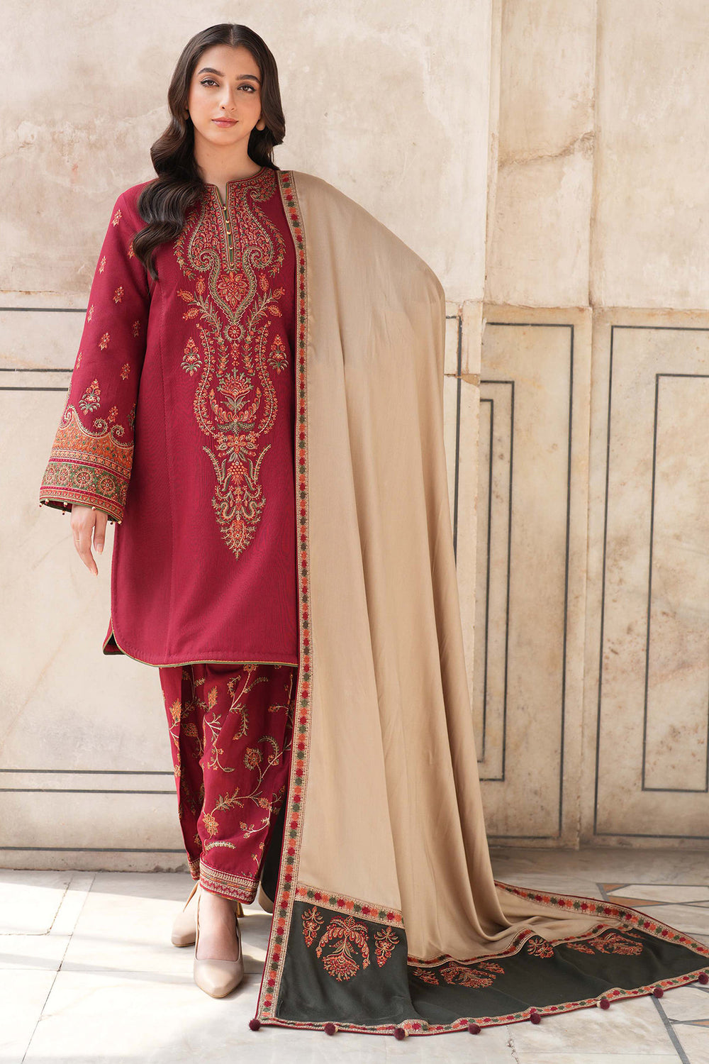 JZ 3100-Dhanak Fabric 3 Piece Unstitched (Dhanak Embroidered Shawl)