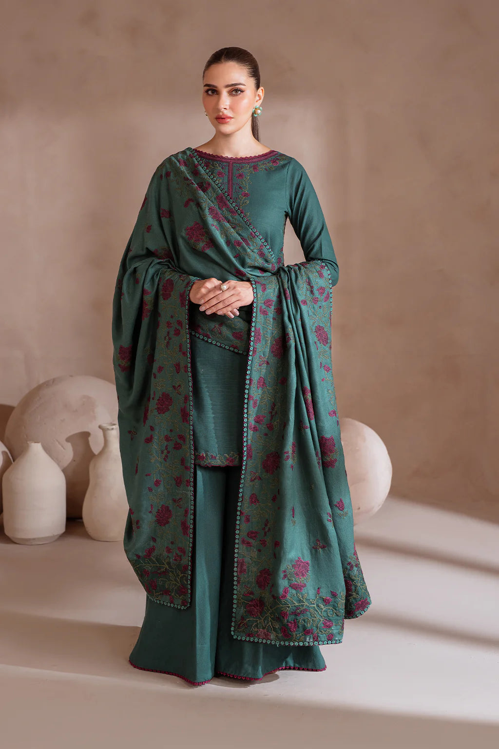 IZ 2925-3 Piece Unstitched Heavy Embroidered Dhanak Suit ( Dhanak Embroidered Shawl )