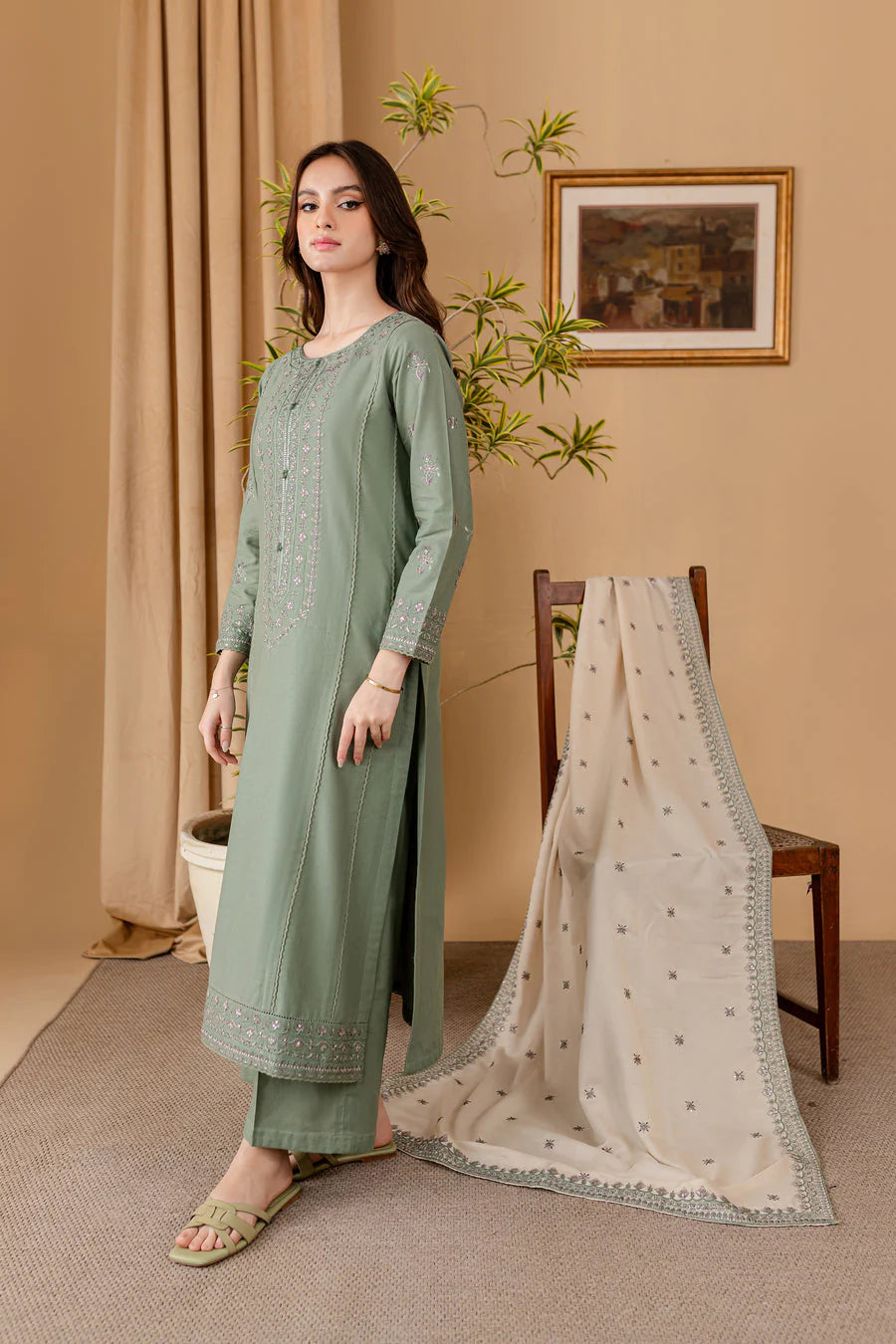 RP 600-3 Piece - Unstitched Fully Embroidered Lawn Fabric With Embroidered Lawn Shawl