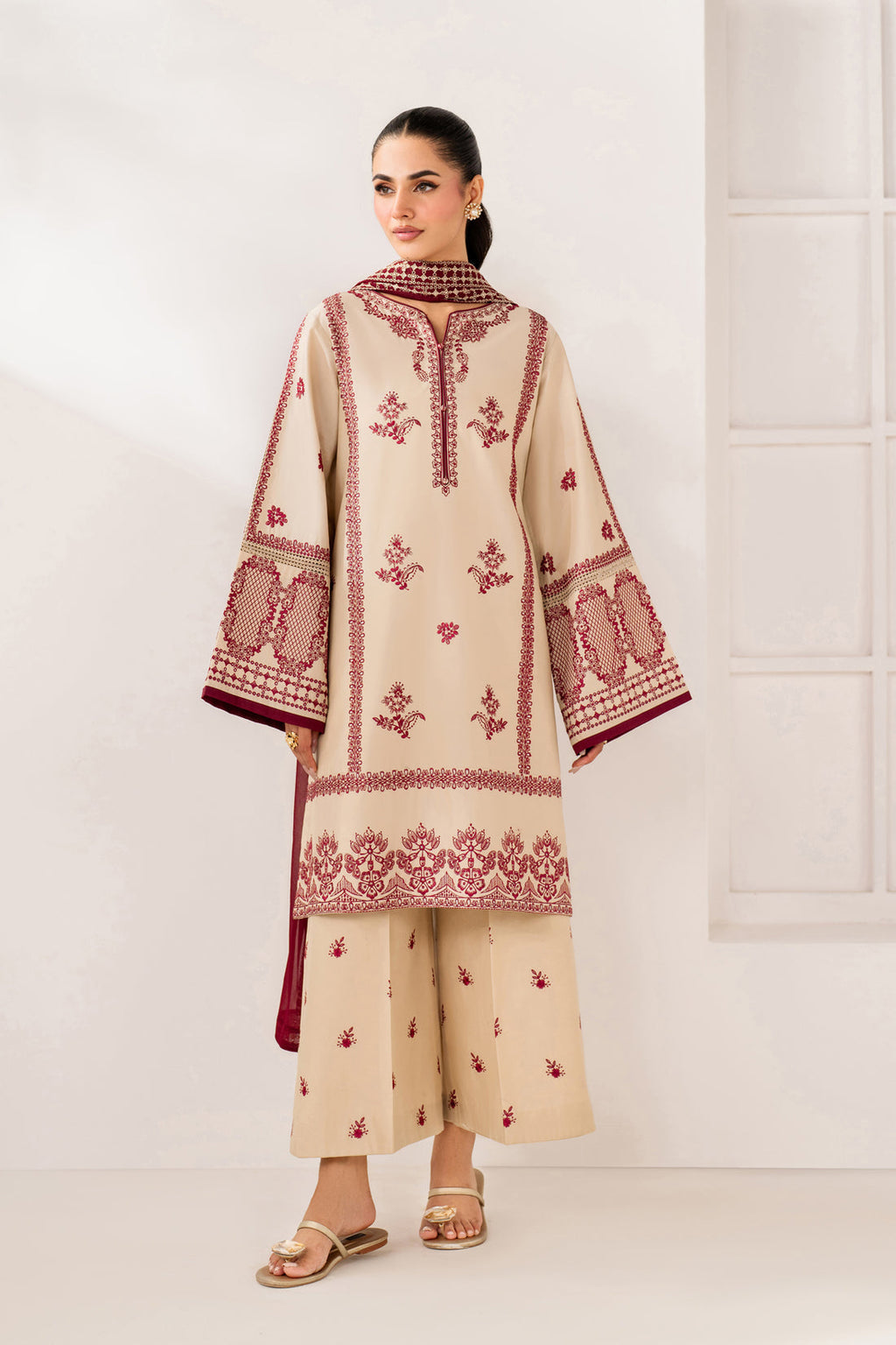 BQ 2950-3 Piece Unstitched Heavy Embroidered Dhanak Suit ( Dhanak Embroidered Shawl )