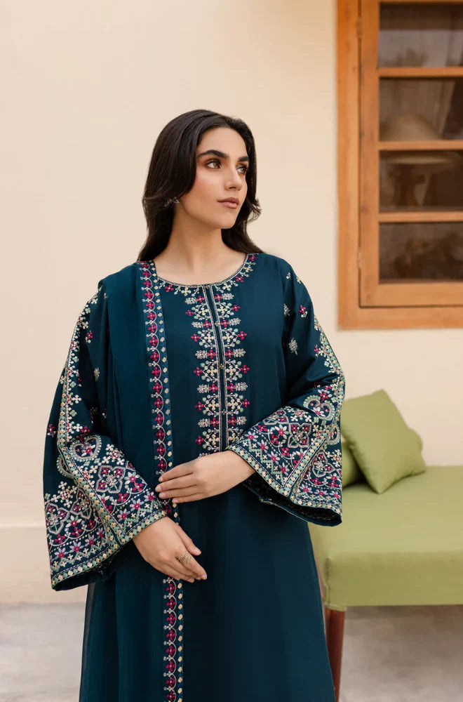LM-585 Lawn Fabric 3 Piece - Unstitched Fully Embroidered With Chiffon Dupatta
