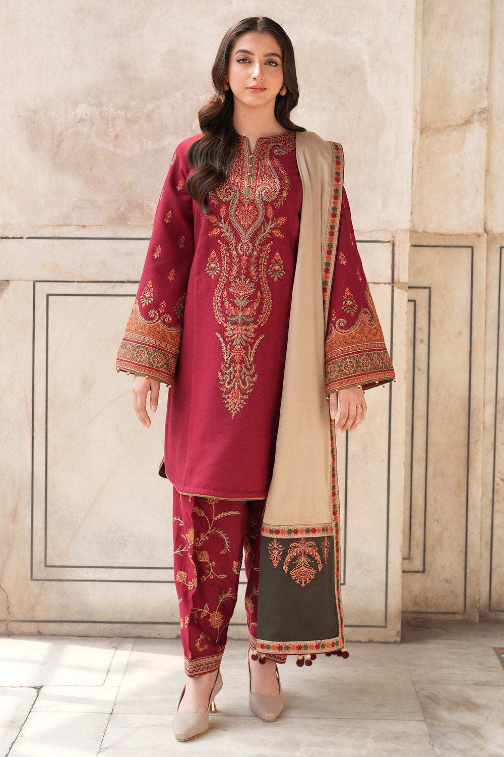 JZ 3100-Dhanak Fabric 3 Piece Unstitched (Dhanak Embroidered Shawl)