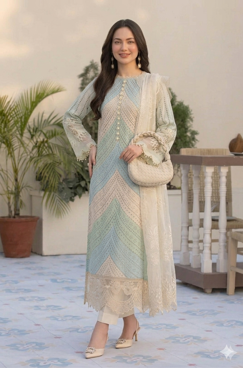 MB 2805B-3 Piece - Lawn - Unstitched Chicken Kari Embroidered Suit (Printed Organza Dupatta-4 Sides Lace)