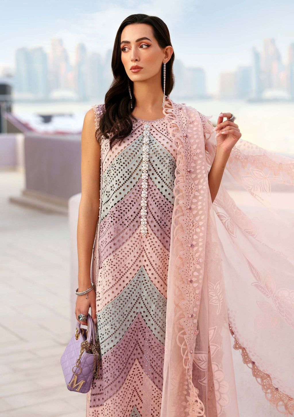 MB 2805A-3 Piece - Lawn - Unstitched Chicken Kari Embroidered Suit (Printed Organza Dupatta-4 Sides Lace)