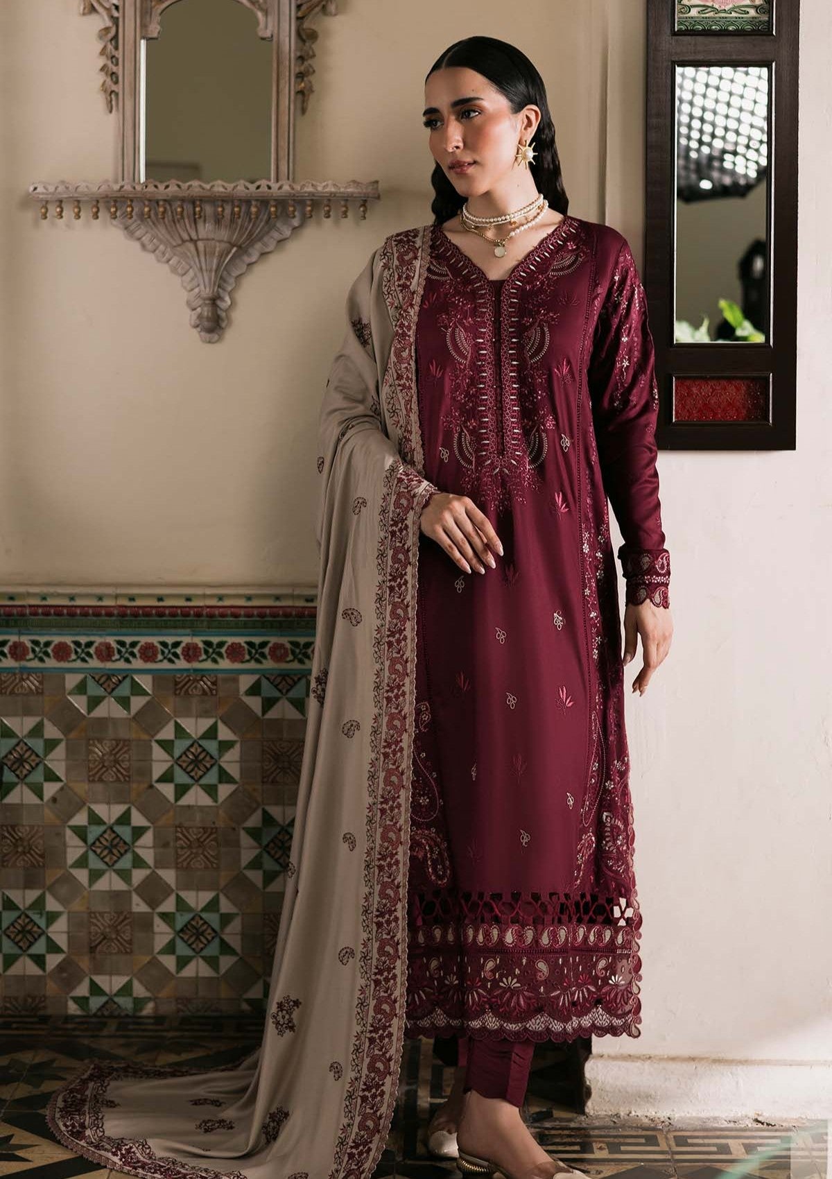 NR 2975-3 Piece Unstitched Heavy Embroidered Dhanak Suit ( Dhanak Embroidered Shawl )