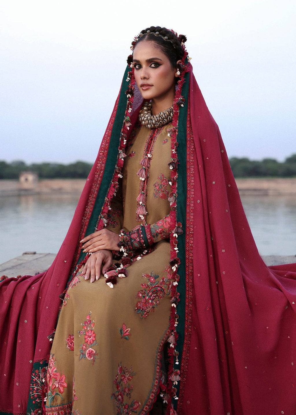 HR 2945-3 Piece Unstitched Heavy Embroidered Dhanak Suit ( Dhanak Embroidered Shawl )