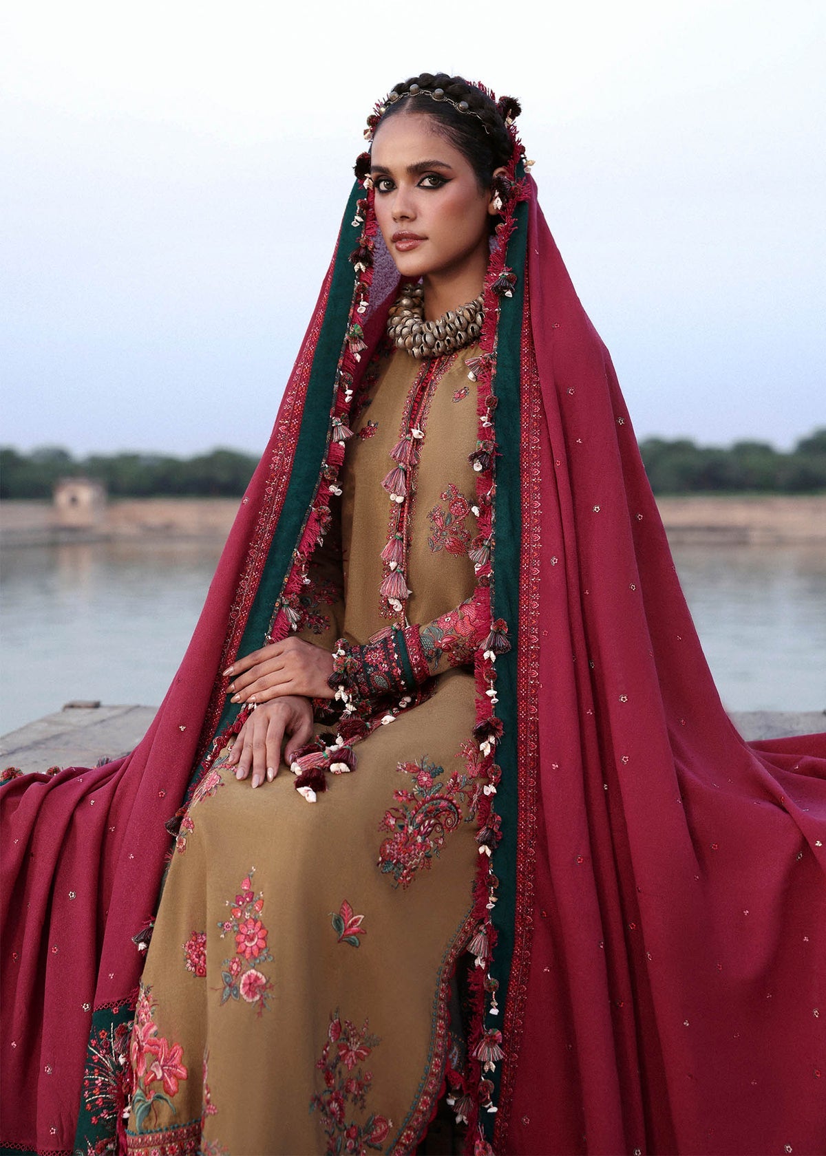 HR 2945-3 Piece Unstitched Heavy Embroidered Dhanak Suit ( Dhanak Embroidered Shawl )