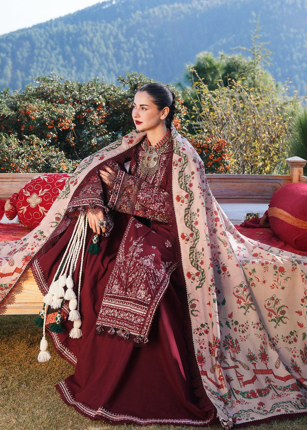 HR 890-3 Piece Unstitched Heavy Embroidered Dhanak Suit (Printed Woolen Shawl )
