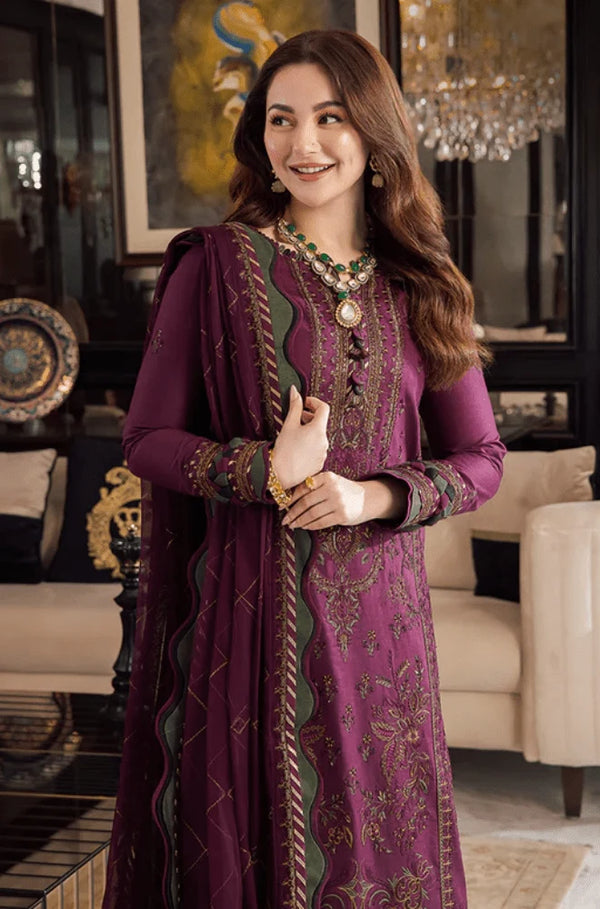 AJ 2885-3 Piece Unstitched Heavy Embroidered Dhanak Suit ( Embroidered Chiffon Dupatta)