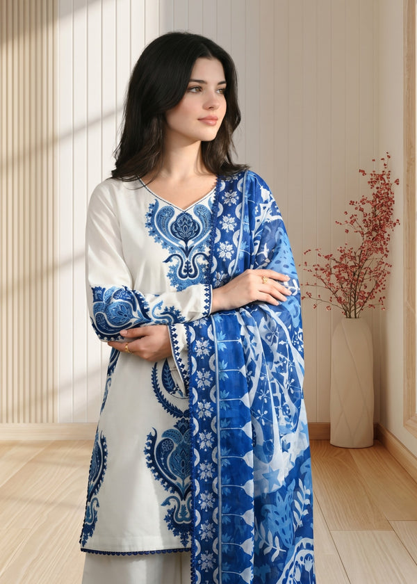 LM 3015-Dhanak Fabric 3 Piece Unstitched (Digital Printed Shawl)