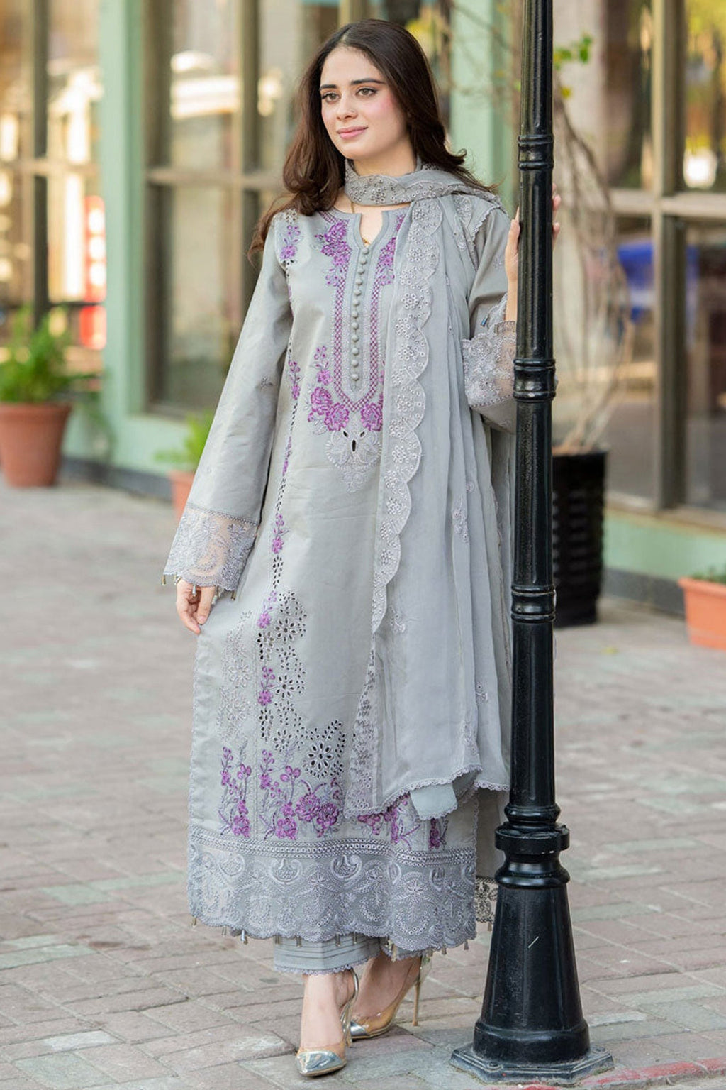 MS-170-Lawn Fabric 3 Piece - Unstitched Fully Embroidered With Chiffon Embroidered Dupatta