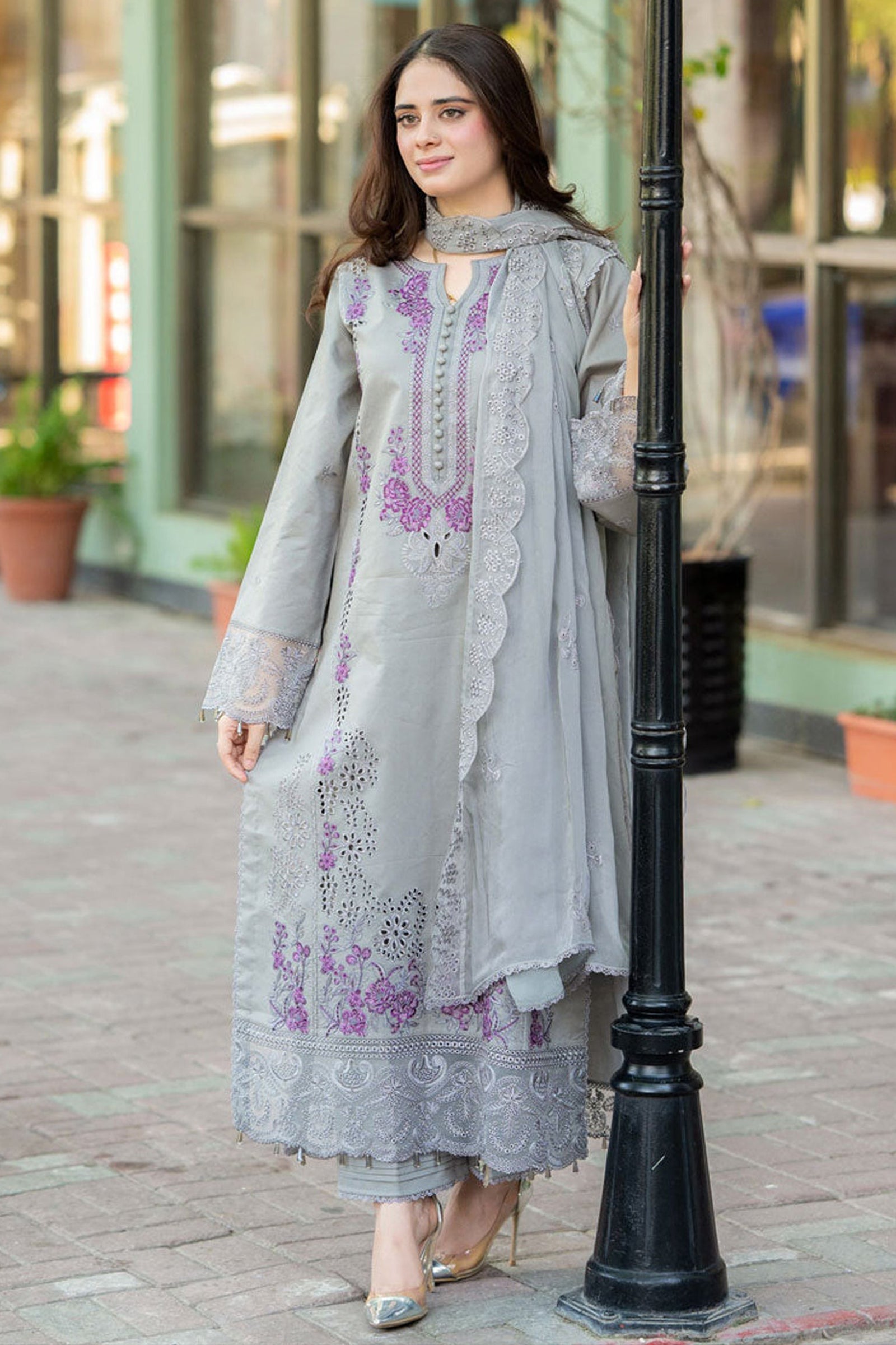 MS-170-Lawn Fabric 3 Piece - Unstitched Fully Embroidered With Chiffon Embroidered Dupatta